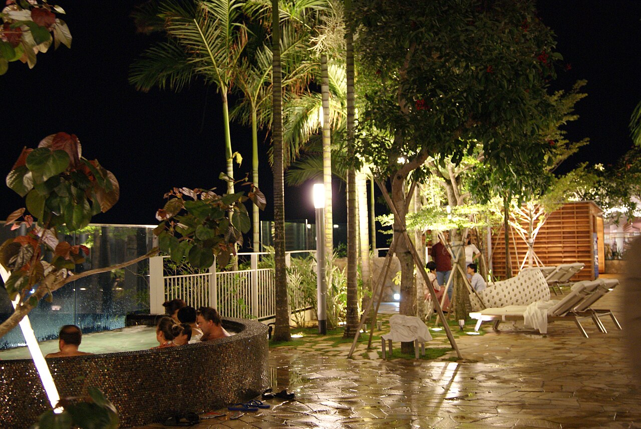 A spa lit at night